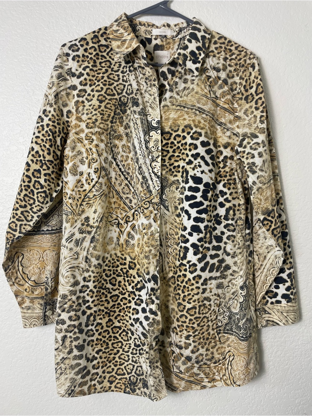 Chico’s Size 2 Leopard Paisley Print Cotton Button Down Tunic Shirt